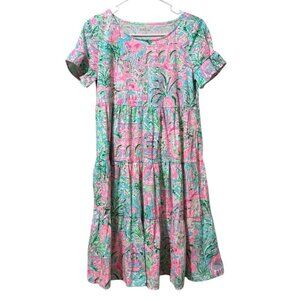 Lilly Pulitzer Women Size XS Pink Flamingo Tiered Short Sleeve Dress Cotton City
